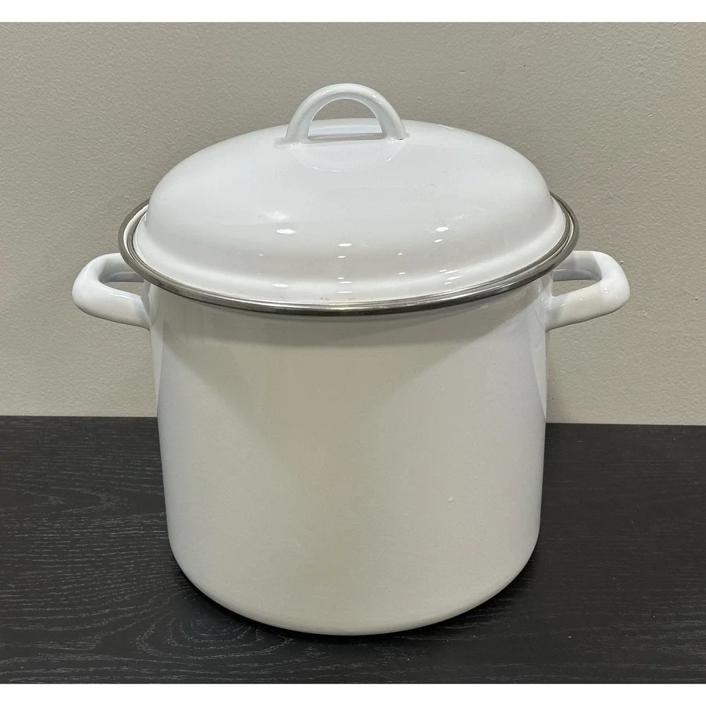 Vintage White Enamel Stock Pot with Lid 9.5 Diameter Camping Cottagecore Kitchen